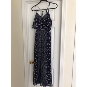 Long navy blue and pink printed maxi dress with slit down middle